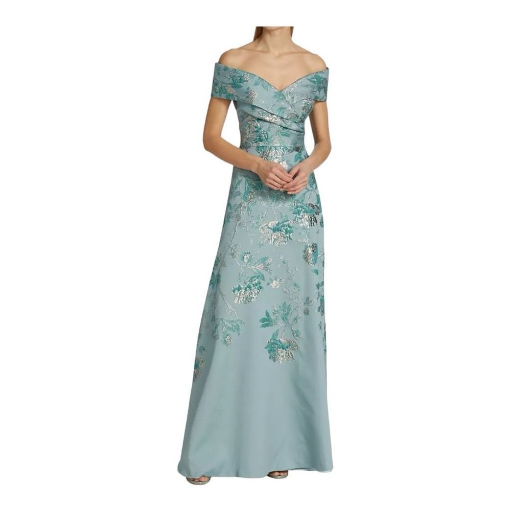 Teri Jon Metallic Jacquard Off-the-Shoulder Turquoise Gown Size 10 Never…